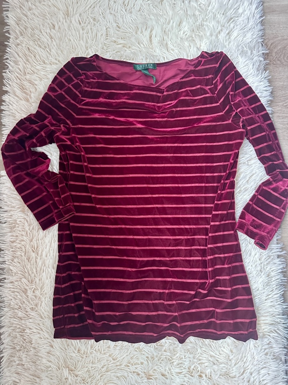 Lauren Ralph Lauren Burgundy and Pink Striped Velvet Long Sleeve Top